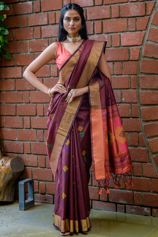 Maroon And Orange Raw Silk Saree