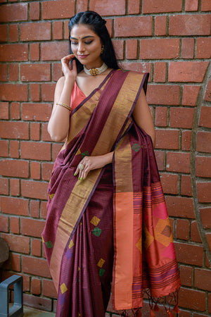 Maroon And Orange Raw Silk Saree