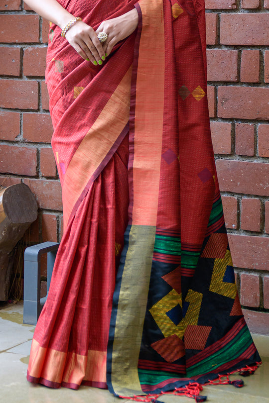 Red And Blue Raw Silk Saree