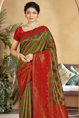 Red And Green Banarasi Saree