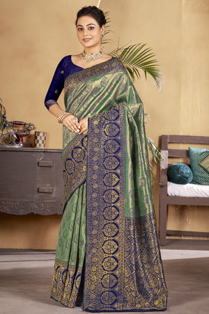 Green And Violet Banarasi Saree