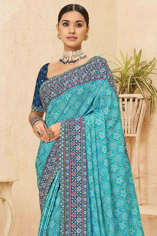 Sky Blue Chinon Saree