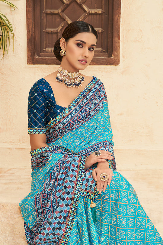 Sky Blue Chinon Saree