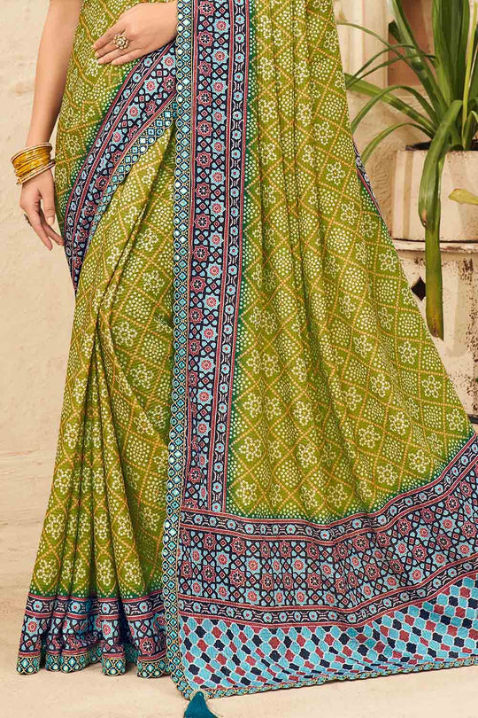 Olive Green Chinon Saree