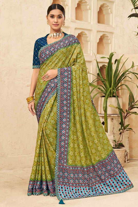 Olive Green Chinon Saree
