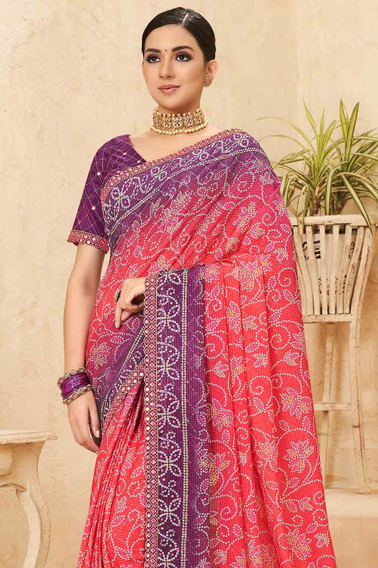 Pink And Purple Chinon Saree
