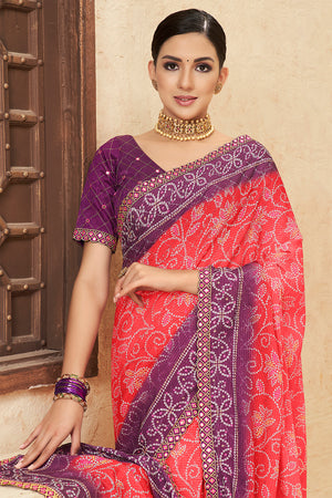 Pink And Purple Chinon Saree