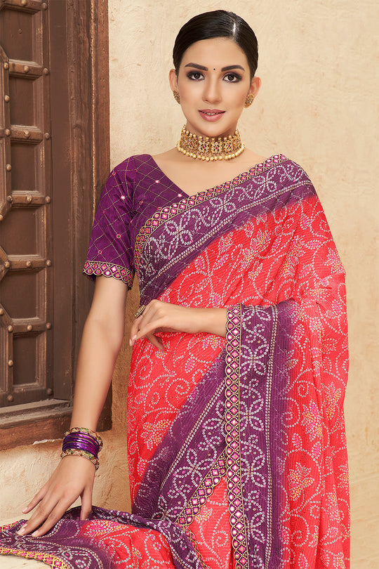 Pink And Purple Chinon Saree