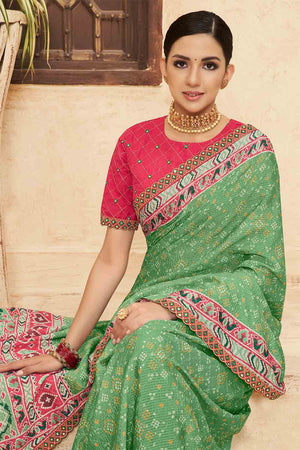 Sea Green Chinon Saree