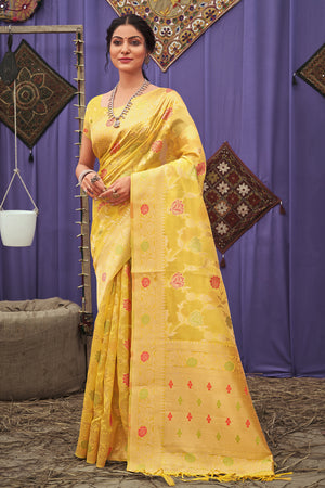 Lemon Yellow Organza Saree