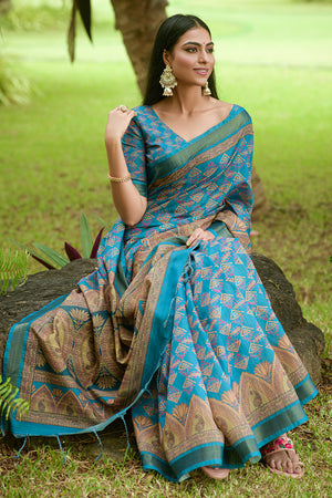 Firozi Blue Tusser Silk saree