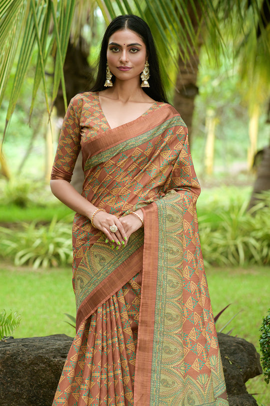 Deep Orange Tusser Silk saree