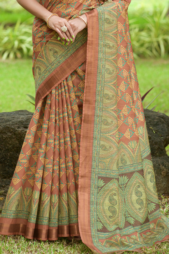 Deep Orange Tusser Silk saree