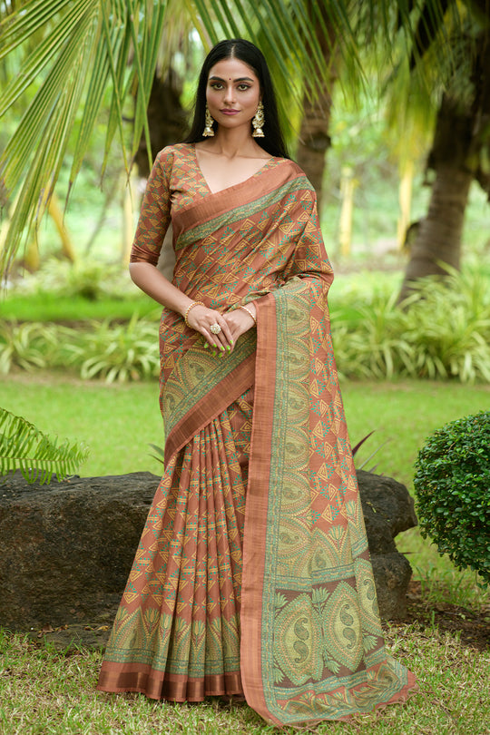 Deep Orange Tusser Silk saree