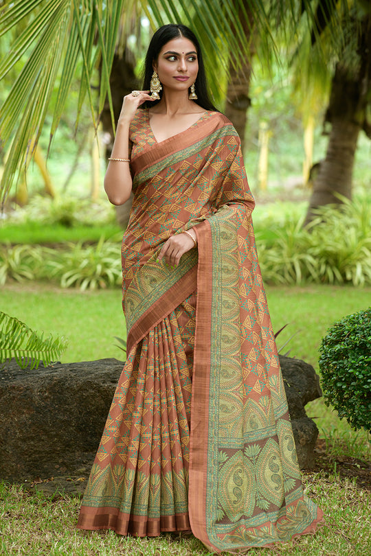 Deep Orange Tusser Silk saree