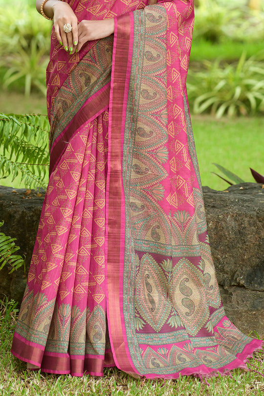 Flamingo Pink Tusser Silk saree