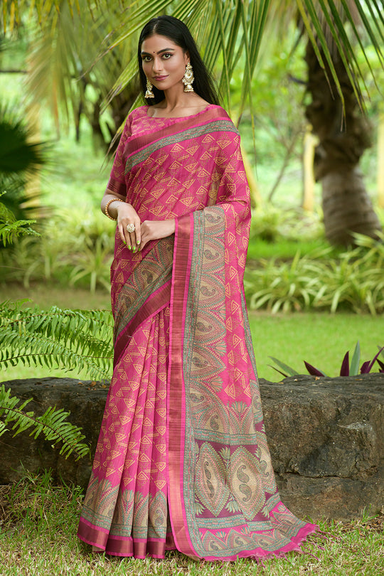 Flamingo Pink Tusser Silk saree