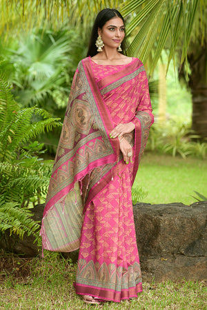 Flamingo Pink Tusser Silk saree