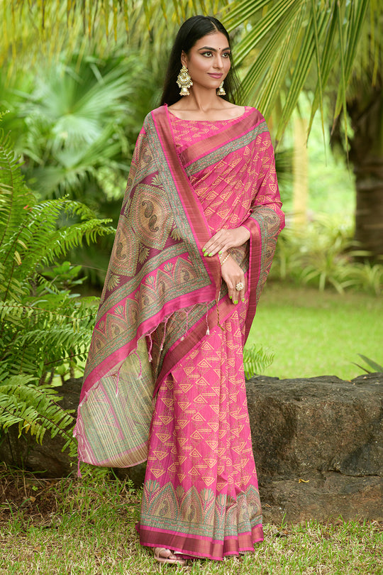 Flamingo Pink Tusser Silk saree