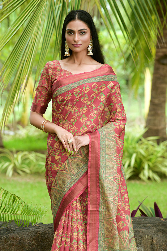 Taffy Red Tusser Silk saree