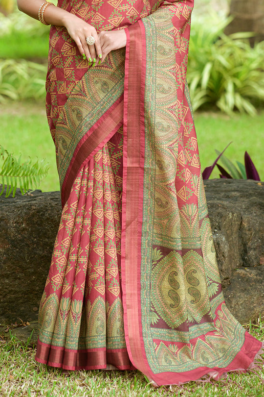 Taffy Red Tusser Silk saree