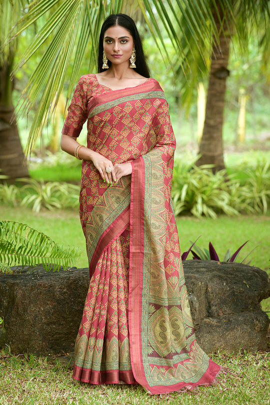 Taffy Red Tusser Silk saree