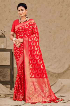 Rose Red Banarasi saree