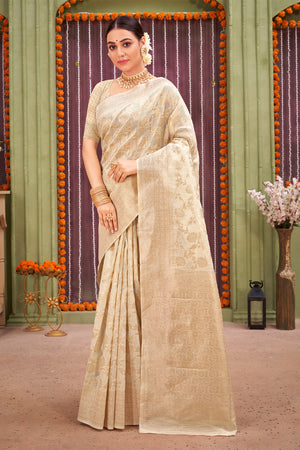 Buttermilk Beige Linen Blend Saree