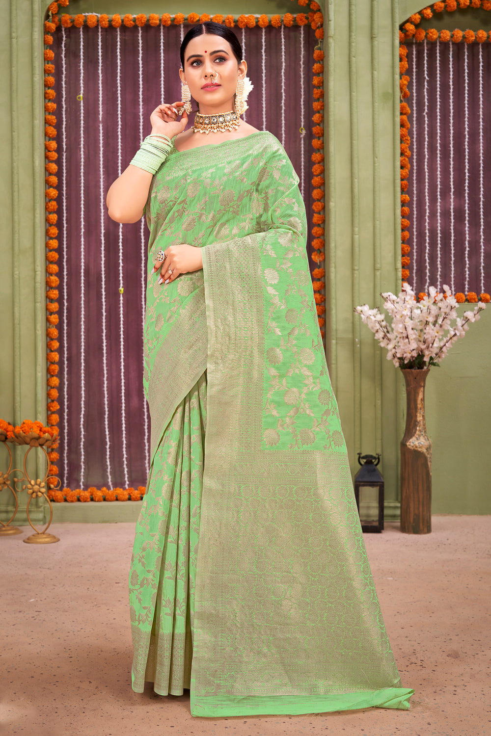 Linen Saree - Yellow x Green main image 1