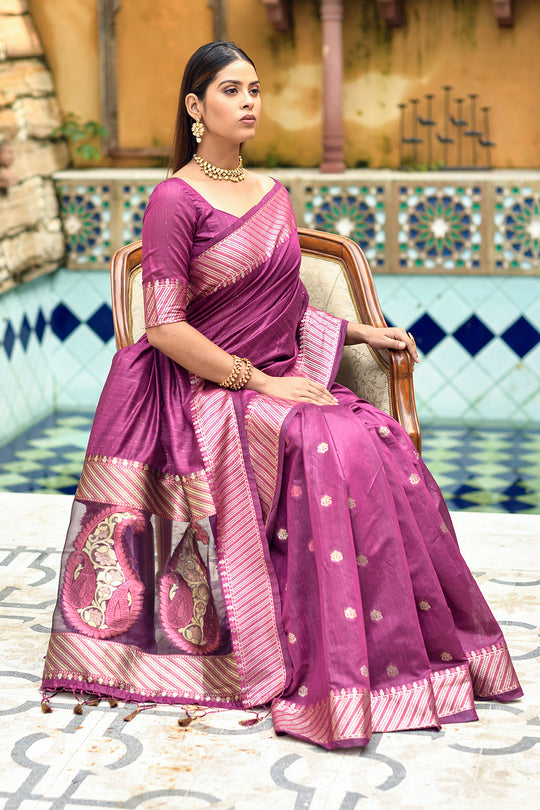 Mulberry Wine Cotton Silk Saree