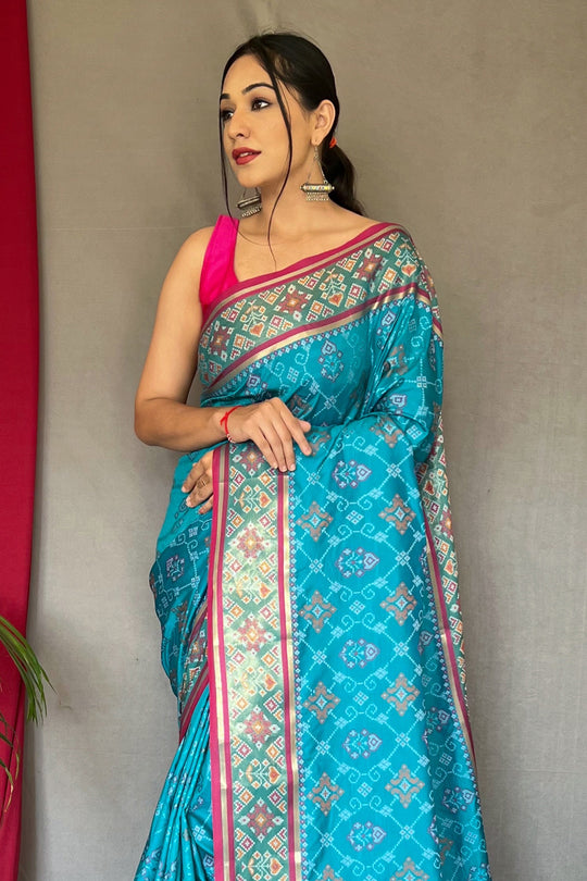Cyaan Blue Patola Saree