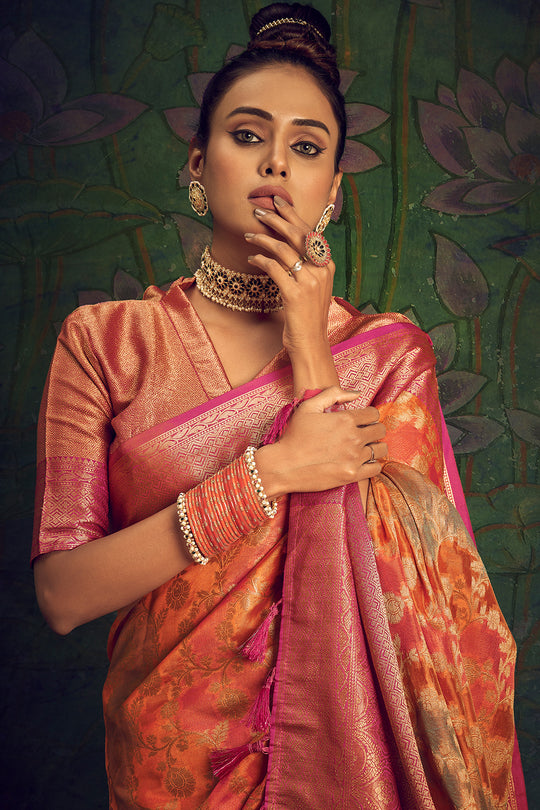 Sunset Orange Silk Saree