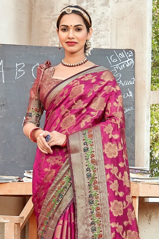 Magenta Pink Organza Saree
