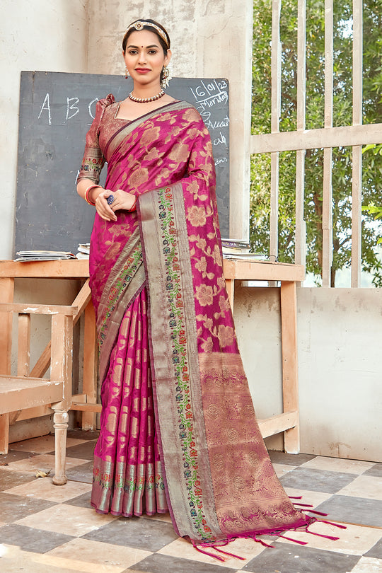 Magenta Pink Organza Saree