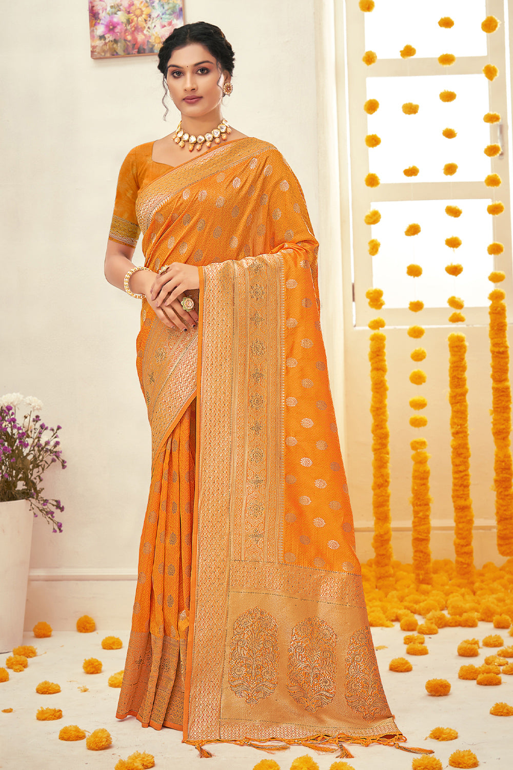 Orange Silk Banarasi Saree Set Design by Zal From Benaras at Pernia's Pop  Up Shop 2024
