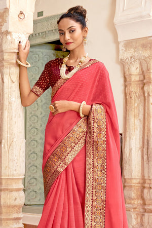 Thulian Pink Georgette Saree