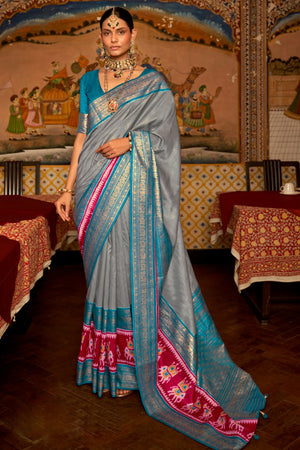 Blue And Red Smooth Silk Saree