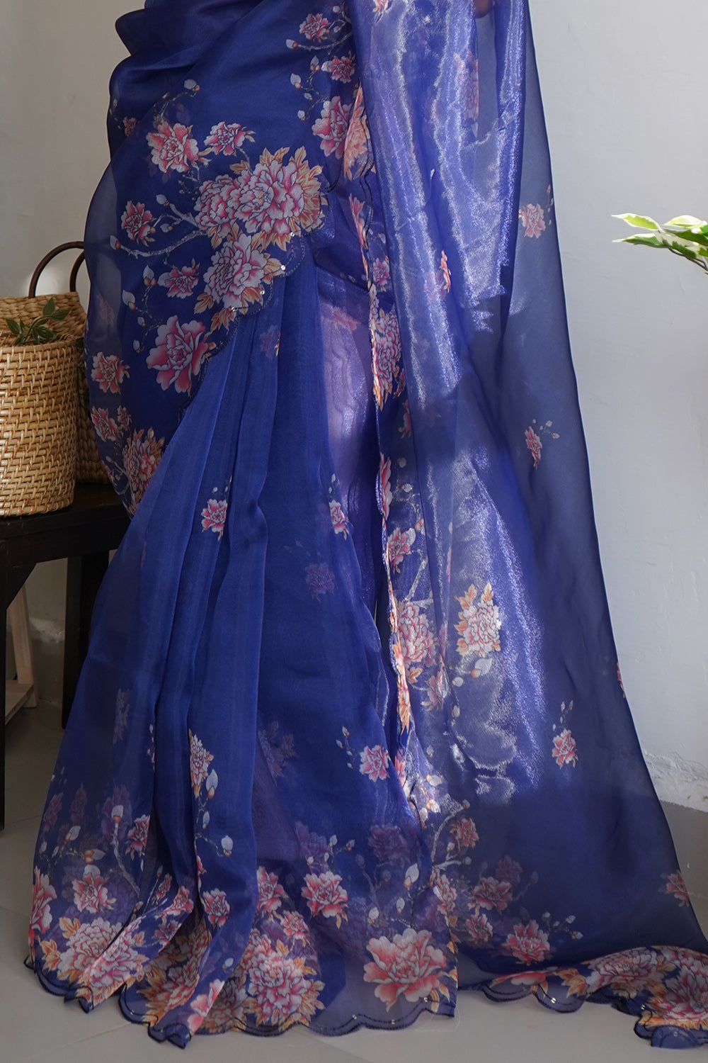 Navy Blue Organza Silk Saree With Floral Embroidery And Cutwork main image 1
