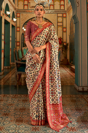 Beige And Orange Patola Saree