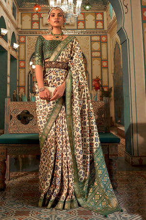 Beige And Green Patola Saree