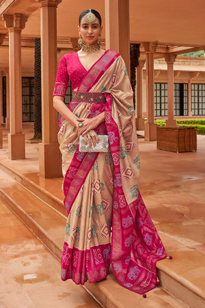 Beige And Pink Patola Saree