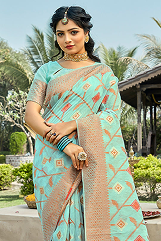 Powder Blue Cotton Saree