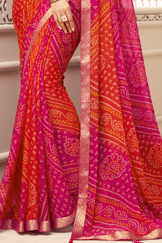 Pink And Orange Chiffon Saree