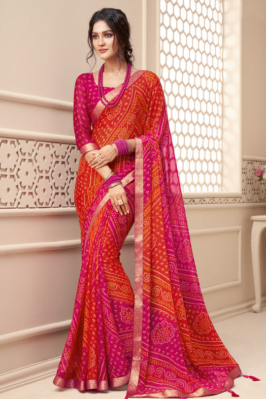 Pink And Orange Chiffon Saree