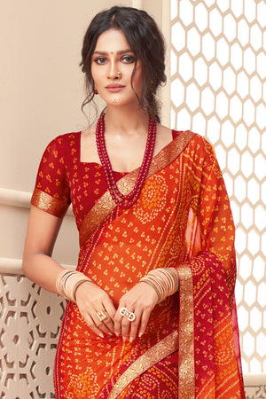 Orange And Red Chiffon Saree