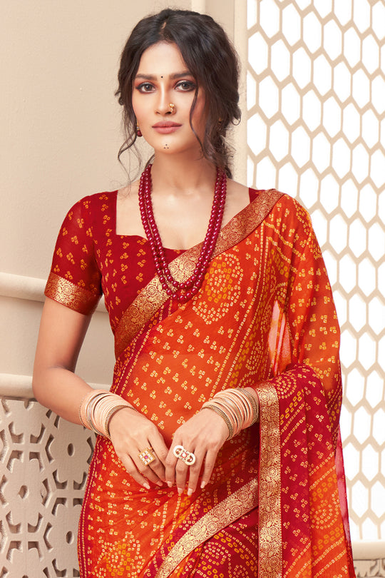 Orange And Red Chiffon Saree