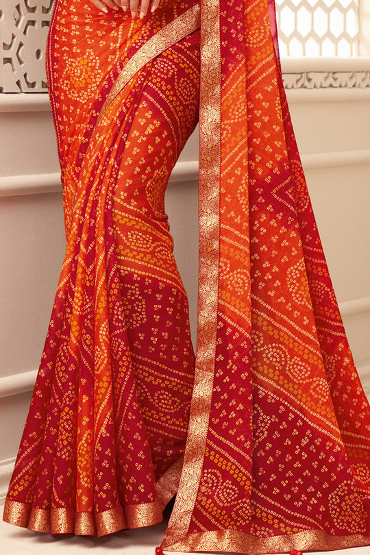 Orange And Red Chiffon Saree