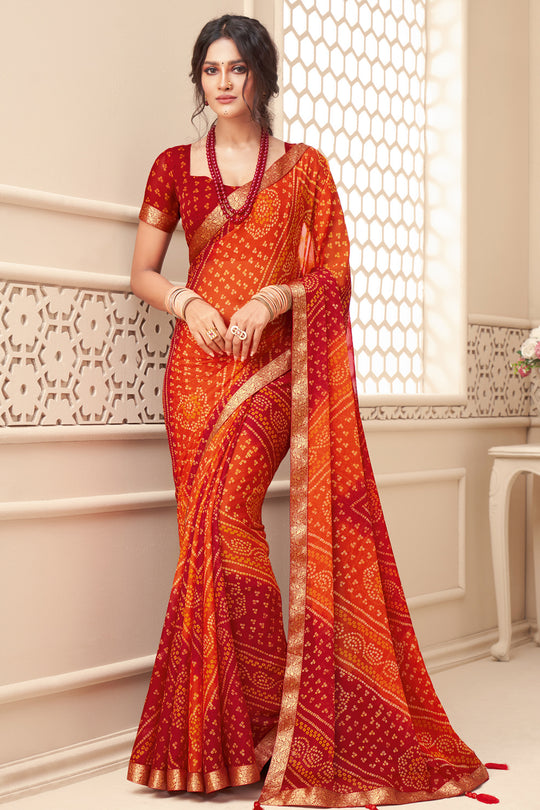 Orange And Red Chiffon Saree