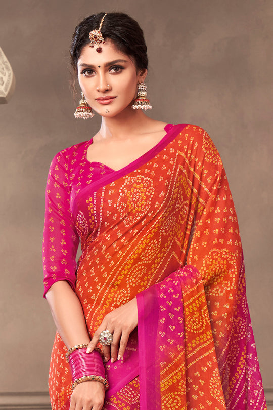 Orange And Pink Chiffon Saree