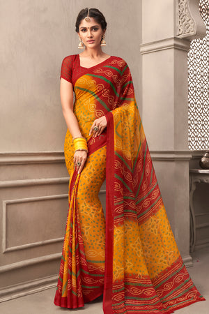 Yellow And Red Chiffon Saree